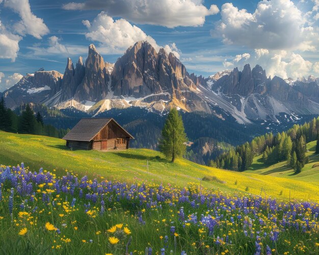 Sunny alpine landscape with blooming meadows in the idyllic springtime of the alps