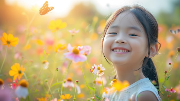 Sunny asian kid in summer floral field with butterflies enjoyng nature on holiday vacations