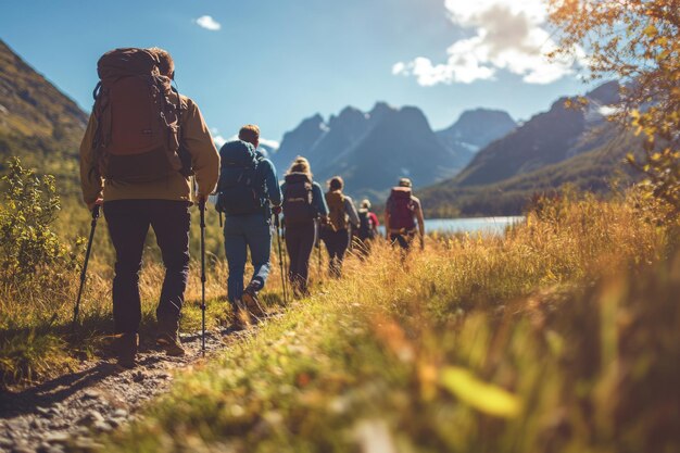 Photo on a sunny autumn day hikers walk on the mountain