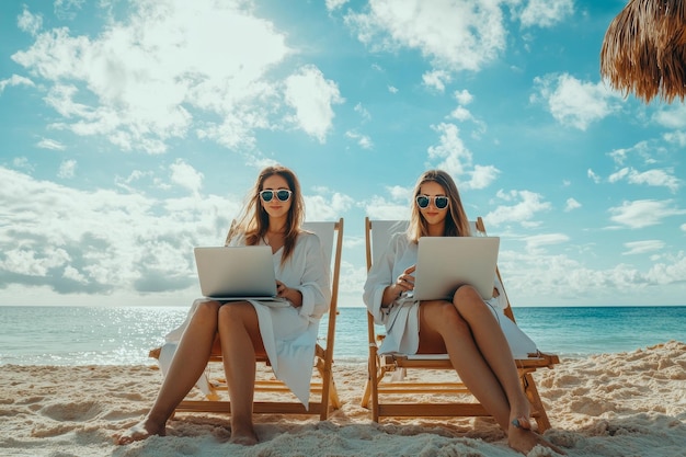 Photo sunny beach remote work women in white using laptop and smartphone on sandy shorefront