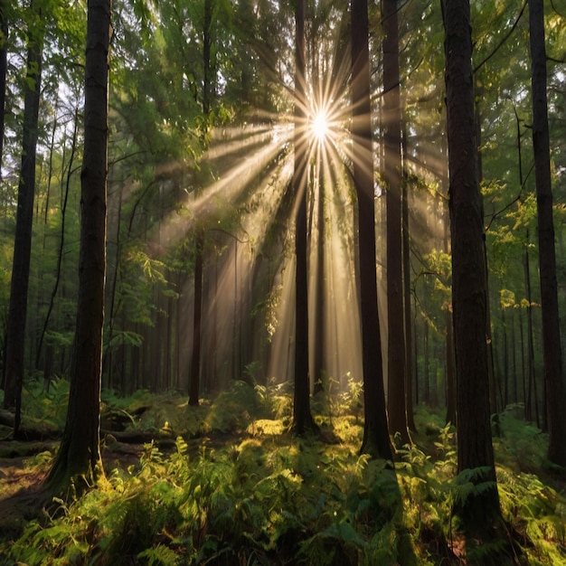 Photo sunny beams in forest sunny beams in beautiful green forest