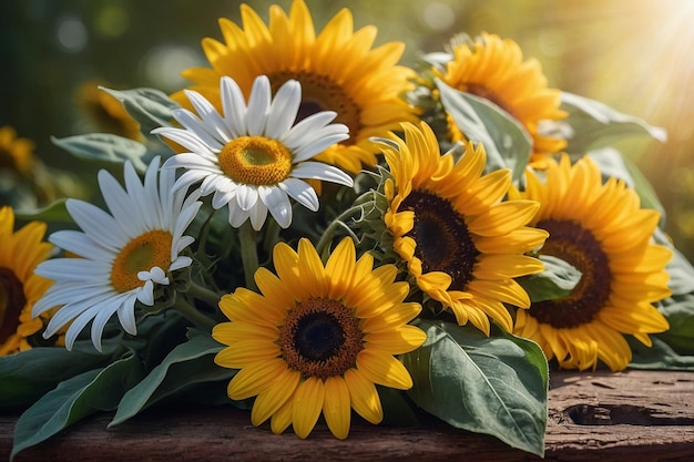 Sunny bouquet with daisies and sunflowers