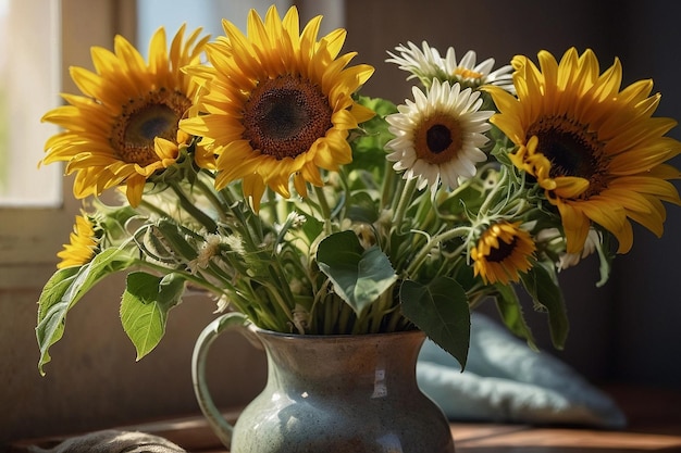 Sunny bouquet with daisies and sunflowers