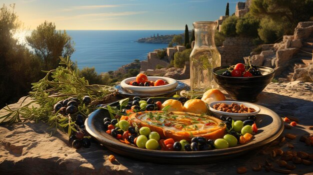 A sunny coastal setting for a healthy lunch with fresh produce and a clear view of the sea