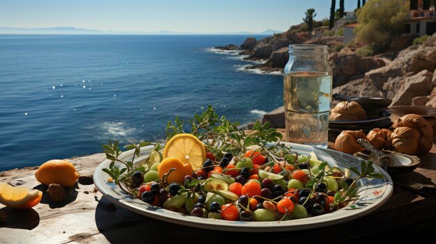 A sunny coastal setting for a healthy lunch with fresh produce and a clear view of the sea