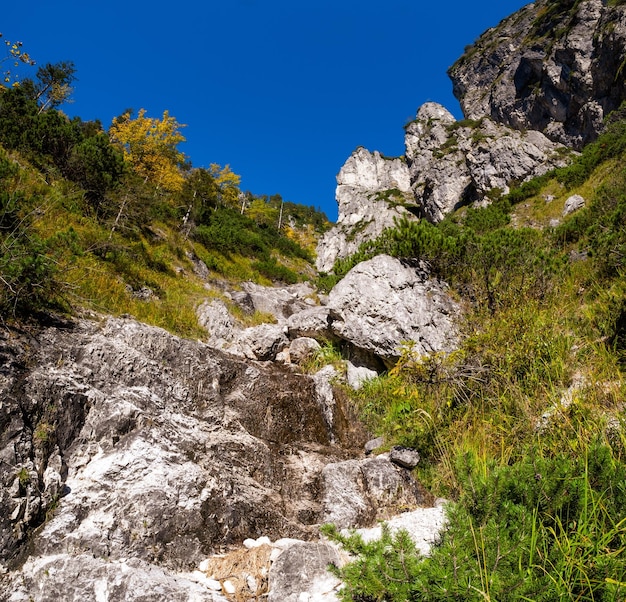 Sunny colorful autumn alpine scene Peaceful rocky mountain view from hiking path near Almsee lake Upper Austria