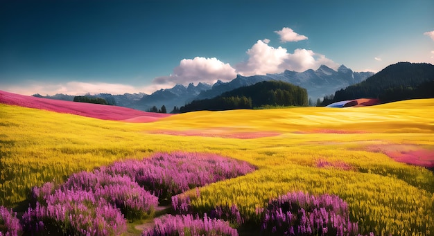 Sunny Countryside landscape of meadow garden of flowers in spring season painting AI Generated for digital printing canvas art painting wall art article blog post