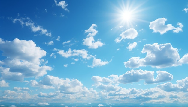 Sunny day background blue sky with white cumulus clouds and glaring sun natural summer or spring