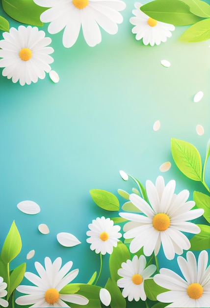 Sunny day background with daisies and leaves copy space for your text