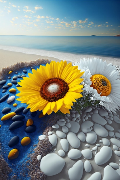 Sunny day at the beach with sunflowers and pebbles generative ai