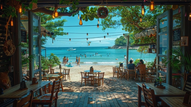 Sunny Day at Beachside Cafe Cheerful Atmosphere with People Enjoying Drinks and Ocean View Captured with Nikon Z6 II and 50mm f18 Lens