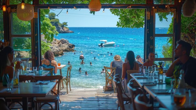 Sunny Day Bliss Beachside Cafe with Cheerful Patrons and Scenic Ocean Views