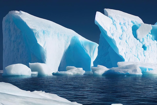 A sunny day in cold Antarctica. Antarctic icebergs. Reflection of icebergs in clear deep water.