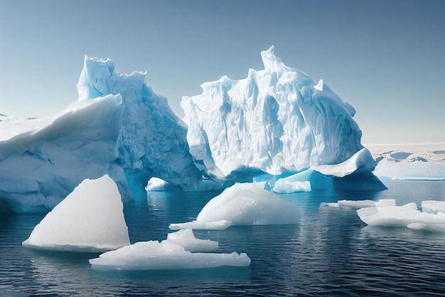 A sunny day in cold Antarctica Antarctic icebergs Reflection of icebergs in clear deep water