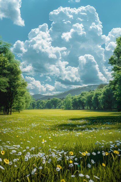 Sunny Day In A Field With Green Grass And White Flowers