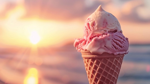 Sunny Day Ice Cream Cone on Sunset Background