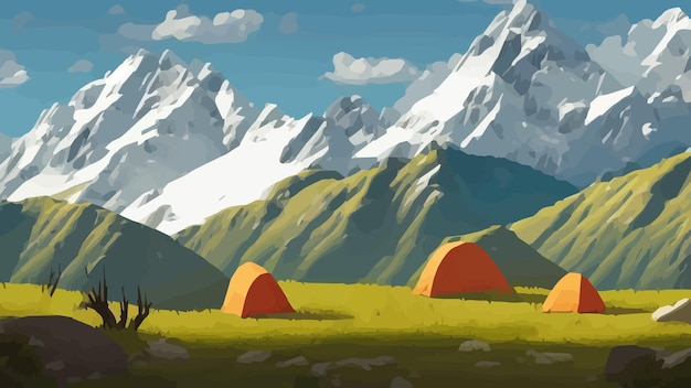 Sunny day landscape illustration in flat style with tent campfire mountains