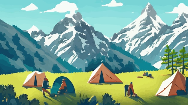 Sunny day landscape illustration in flat style with tent campfire mountains