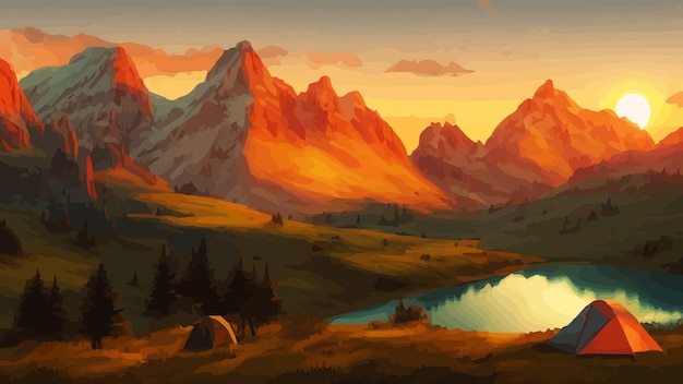 Sunny day landscape illustration in flat style with tent campfire mountains