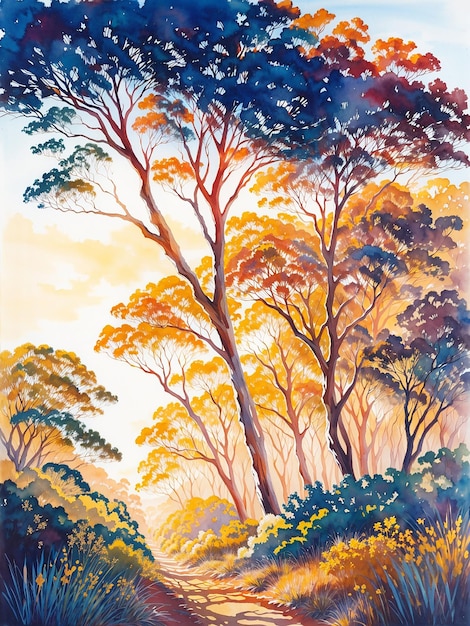 Sunny day multicolored forest natural beautiful brush stock watercolor senary landscape painting