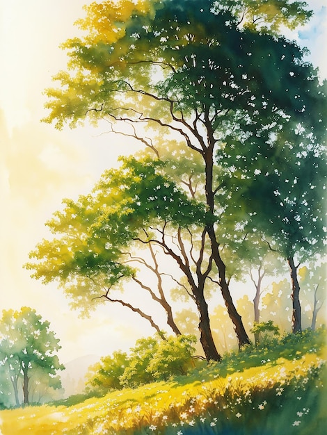 Sunny day natural tall green forest charming scenery a brush stock watercolor scenery painting