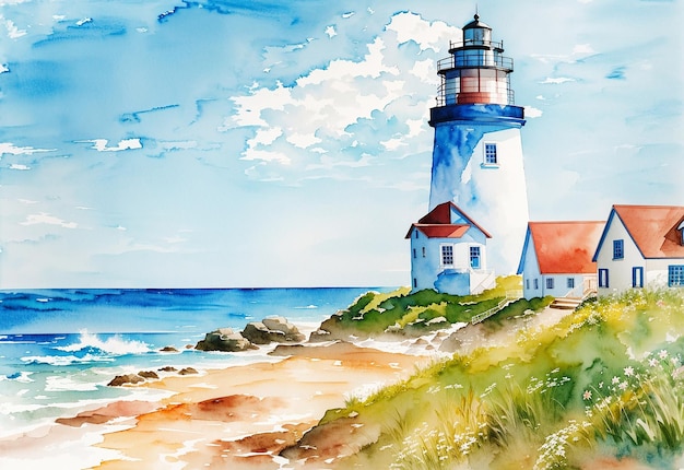 Sunny day summer beach with a lighthouse and ocean view coastal landscape watercolor painting