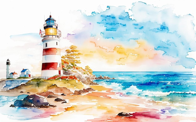 Sunny day summer beach with a lighthouse and ocean view coastal landscape watercolor painting