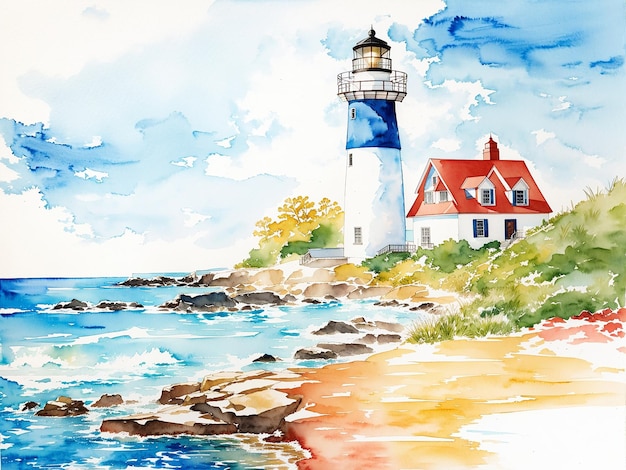 Sunny day summer beach with a lighthouse and ocean view coastal landscape watercolor painting