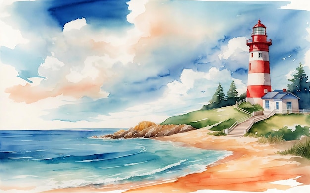 Sunny day summer beach with a lighthouse and ocean view coastal landscape watercolor painting