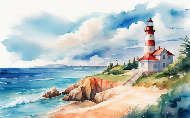 Sunny day summer beach with a lighthouse and ocean view coastal landscape watercolor painting