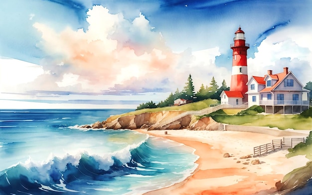 Sunny day summer beach with a lighthouse and ocean view coastal landscape watercolor painting