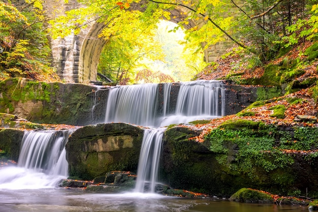 Sunny day in the summer forest. Old stone bridge. Small river and several natural waterfalls