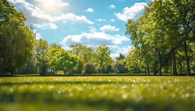 a sunny day with trees and a blue sky with the sun shining through the trees