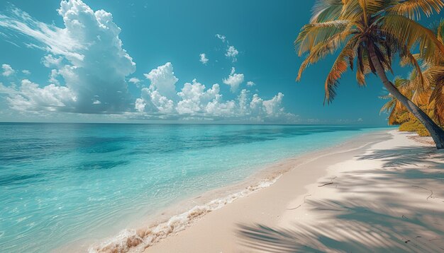 On a sunny day with white sand turquoise ocean blue sky clouds and palm trees over the water Maldives perfect tropical landscape ultra wide format