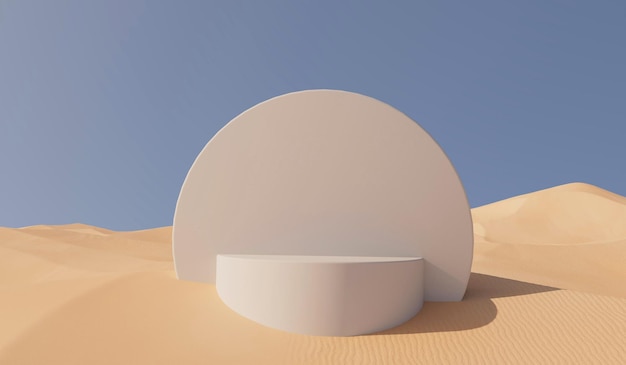 Sunny desert sand landscape with product placement podium 3D Rendering