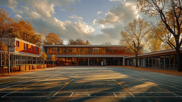 Photo a sunny evening schoolyard with basketball court and school building exterior