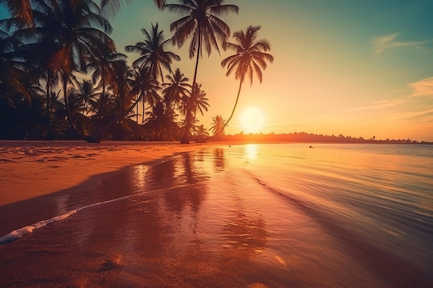 Sunny exotic beach by the ocean with palm trees at sunset summer vacation by the sea photography