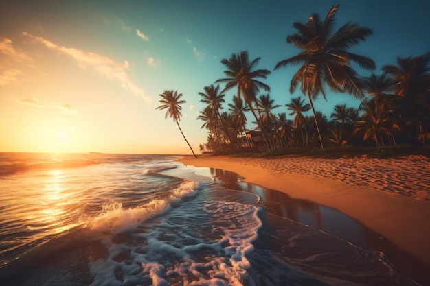 Sunny exotic beach by the ocean with palm trees at sunset summer vacation by the sea photography