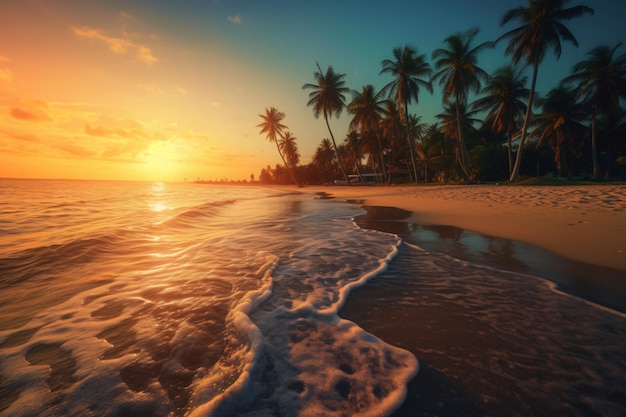 Sunny exotic beach by the ocean with palm trees at sunset summer vacation by the sea photography