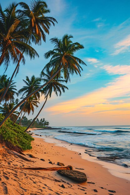 Sunny exotic beach by the ocean with palm trees at sunset summer vacation Generative AI