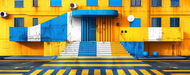 Photo the sunny facade a vibrant yellow building with whimsical blue and white stairs