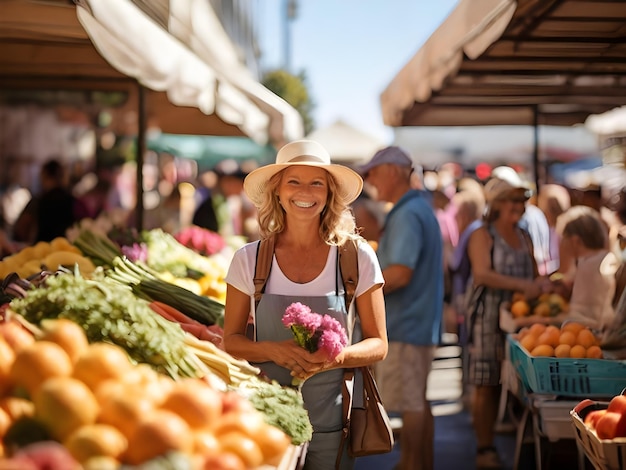 Photo sunny farmers market fresh produce and lively atmosphere