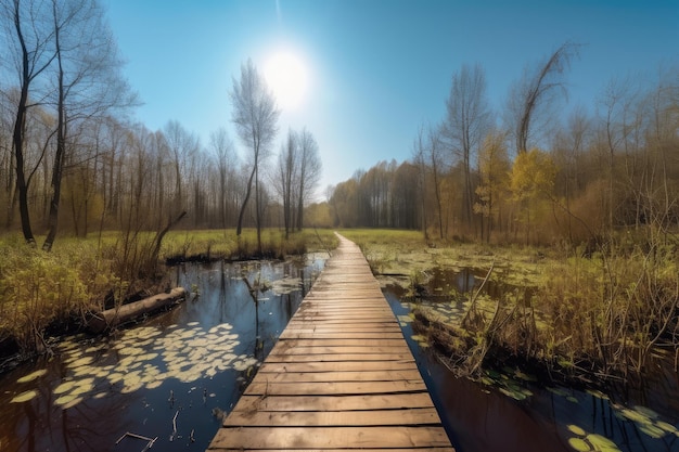 Sunny forest with duckboards path and clear blue sky