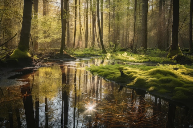 Sunny forest with long shad of moss and the reflection of water