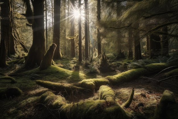 Sunny forest with moss and light filtering through the trees created with generative ai