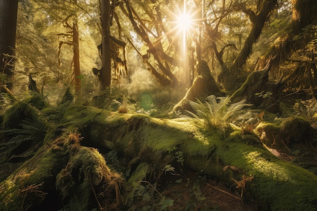 Sunny forest with mosscovered tree trunk surrounded by greenery