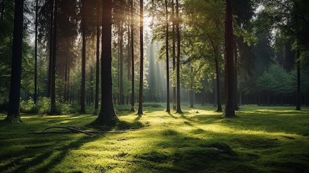 Sunny forest with trees and sunlight shining