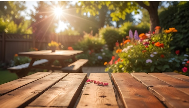 Sunny Garden Ambiance with Wooden Table Nature Outdoor Setting