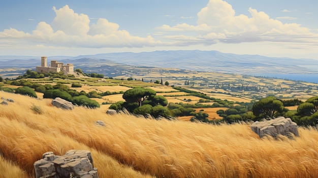 Sunny Greek Island Realistic Oil Painting Of A Vast Wheat Field