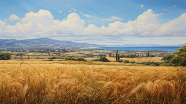 Sunny Greek Island Vast Wheat Fields And Ocean In Realistic Oil Painting